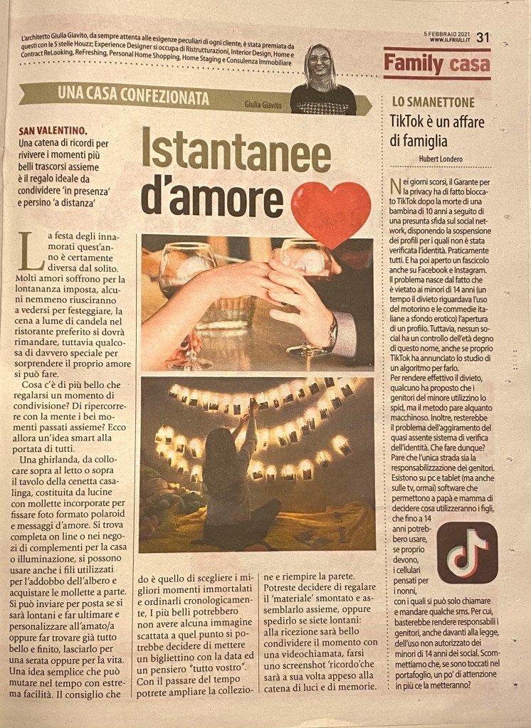 articolo pubblicato su Il Friuli del 5 febbraio 2021, una casa confezionata, Istantanee d'amore, San Valentino Giulia Giavito architetto home stager